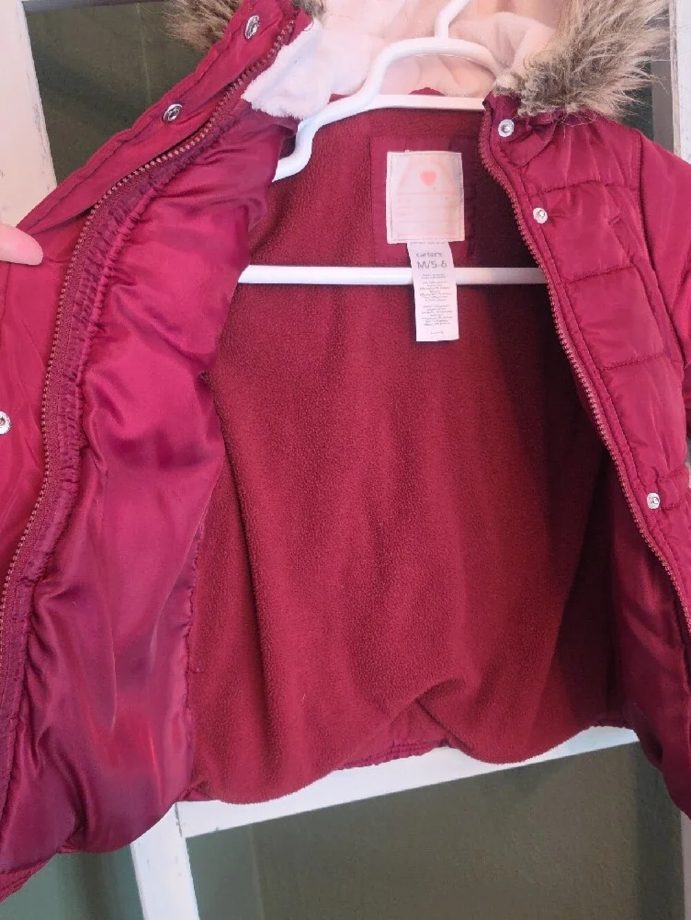 Carter's Hooded Puffer Jacket in Burgundy with Faux-Fur Trim
